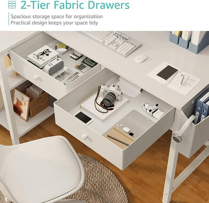 DLisiting Small White L Shaped Desk with Drawers & Storage Shelves, 40 Inch Corner Desk with Power Outlet for Small Space Home Office, Study Work PC Desks for Bedroom