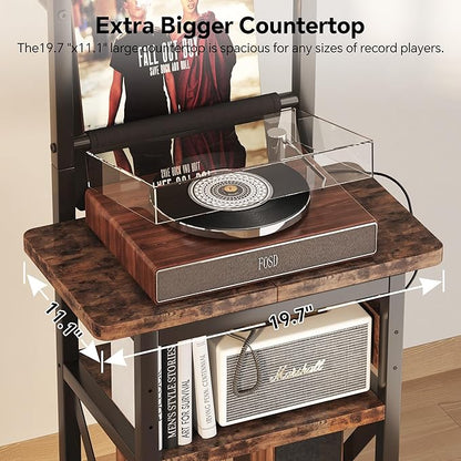 Record Player Stand with Power Outlet, 6 Tier Vinyl Record Display Shelf, Record Player Table with album storage up to 200 Albums, Console Organizer Display Shelf, Gifts for Music Lovers