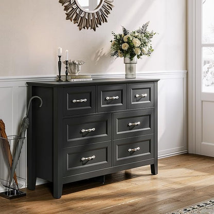 LINSY HOME 7 Drawers Dresser for Bedroom, 47" Wide Wooden Storage Chest with Antique Handles, Modern Farmhouse Dresser TV Stand with Wood Legs for Closet, Living Room, Hallway, Black