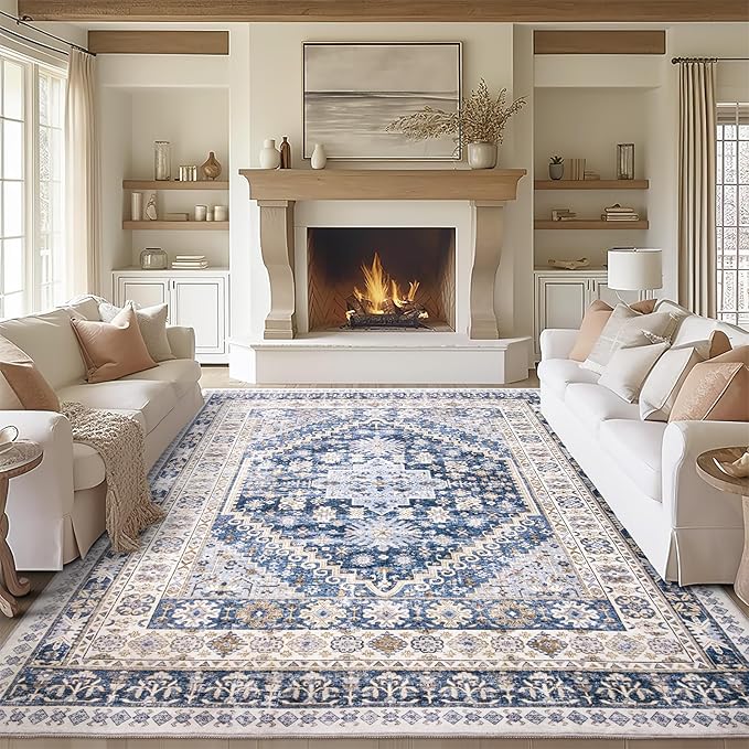 zesthome 10x12 Area Rugs,Stain Resistant Washable Rug,Ultra-Thin Rugs for Living Room,Bedroom,Non-Slip Backing Home Decor Large Area Rug (Blue/Beige,10'x12')