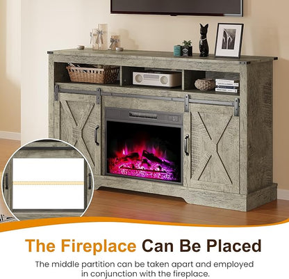 RoyalCraft Farmhouse TV Stand for 23" Electric Fireplace, 34'' Tall Entertainment Center for 65+ Inch TV, 34" Tall Rustic TV Console with Sliding Bar Door for Living Room (Light Grey)