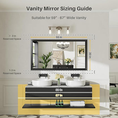 55x30 Inch Black Bathroom Mirror for Wall, Thick Metal Framed Rectangle Mirrors for Over Sink, Bedroom, Living Room, Entryway, Anti-Rust, HD Tempered Glass