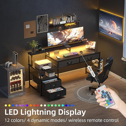 53" Computer Desk with 4 Drawers & Power Outlets, Reversible Home Office Desk with Monitor Stand & Printer Stand, Gaming Desk with Led Lights, Study Writing Work Desk Table for Bedroom (Black)