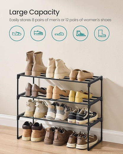 SONGMICS Shoe Rack, 3-Tier Shoe Organizer, Metal Storage Shelf, Upright or Upside Down, for 8-12 Pairs, Stackable, for Entryway, 11.8 x 26.8 x 21.7 Inches, Black ULSA203B01