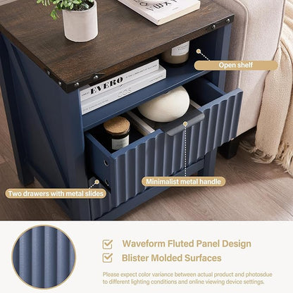 Navy Blue Nightstand with Charging Station Set of 2-20 Inch Wide Farmhouse Fluted Bedside Table with 2 Drawers, Modern Wood End Side Table for Bedroom Study Storage Home