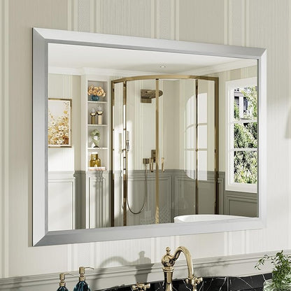 40x30 Inch Silver Bathroom Mirror for Wall, Thick Metal Framed Rectangle Mirrors for Over Sink, Bedroom, Living Room, Entryway, Anti-Rust, HD Tempered Glass