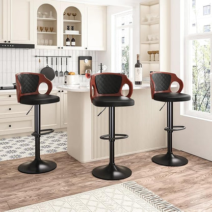 VECELO Bar Stools Set of 2,Adjustable Counter Height Stools with Bentwood Back,Armrest&Footrest,Swivel PU Leather Bar Chairs for Kitchen Island,Coffee Shop and Salon,Black,Quilted Elegance