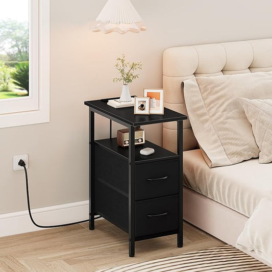 Vagusicc Black End Table with Charging Station, Narrow Side Table, 23.8'' Tall Nightstand with 2 Fabric Drawers, Small Sofa Side Table Narrow Nightstand for Small Spaces, Living Room, Bedroom, Black