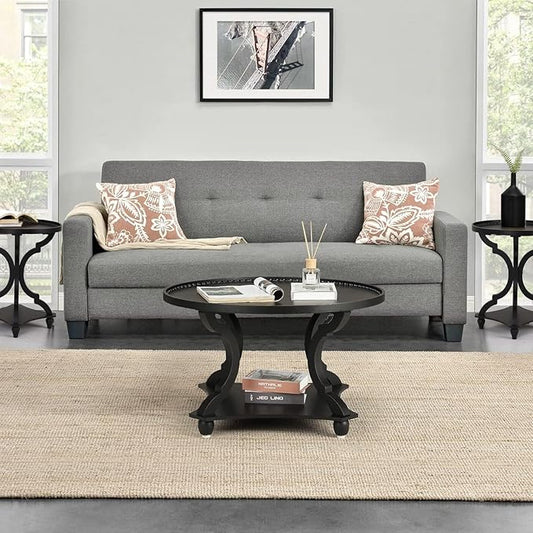 Wnutrees Farmhouse Round Coffee Table, Wood Tray Top Circle Coffee Table with Storage Shelf Rustic Style for Living Room and Vintage Finish, Black