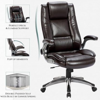 Leather Executive Office Chair - High Back Home Computer Desk Chair with Padded Flip-up Arms, Adjustable Tilt Lock, Swivel Rolling Ergonomic Chair for Adult Working Study, Brown