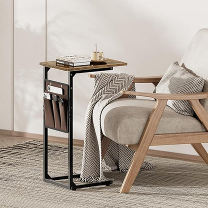 Vagusicc C Shaped End Table, Small Side Table for Couch, Tall Couch Side Table C Table for Small Space, TV Tray Slide Under Sofa Snack Table with Metal Frame for Living Room, Bedroom, Bedside, Brown