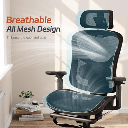 Ergonomic Office Chair, Mesh Desk Chair with Footrest, 3D Armrest - 215° Rotation, Adjustable Lumbar Support & Headrest, 90°-120° Tilt Lock, Big and Tall Computer Gaming Chairs, Black