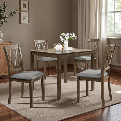 Dining Table Set, Wooden Kitchen Table Set with Square Table, 4 Vertical X Backrest Upholstered Chairs, Table and Chairs with Non-Slip Feetmats for 4 People, Living Room and Kitchen, Walnut