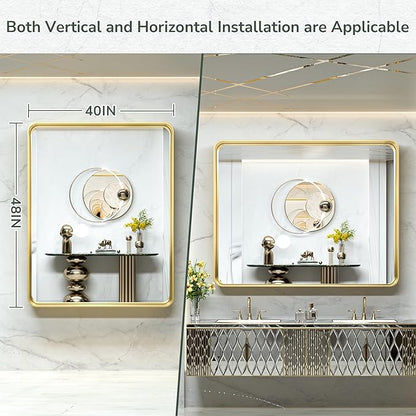 TokeShimi 48x40 Inch Brushed Gold Bathroom Vanity Mirror for Wall with Non-Rusting Aluminum Alloy Metal Frame Rounded Corner for Farmhouse Modern Home Decor (Horizontal/Vertical)
