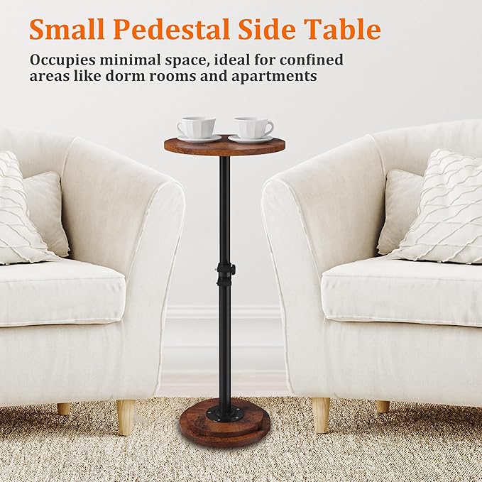 Drink Table, Small Round Side Table - 360° Swivel Height Adjustable for Small Spaces, Pedestal Martini Table for Sofa Couch, Living Room, Bedroom, Vintage