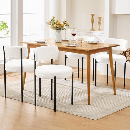 Dining Chairs Set of 2, White Boucle Dining Chair, Curved Backrest Upholstered Dining Room Chairs with Black Metal Legs, Mid Century Modern Dining Chairs for Kitchen, Living Room, White