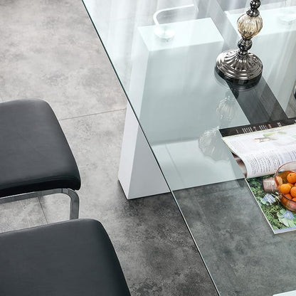 63" Modern Glass Dining Table with Rectangular Tempered Tabletop,Dinner Desk Set for 6-8 People W/Trapezoid Bracket,for Home,Kitchen,Dining Room,Office,White+Clear Finish