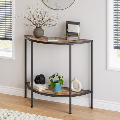Entryway Table with Storage,Narrow Console Table for Living Room Coffee Table 2-Tier Half Moon Sofa Table,Small Entry Table,Hallway Side Table with Metal Frame,Rustic Brown and Black