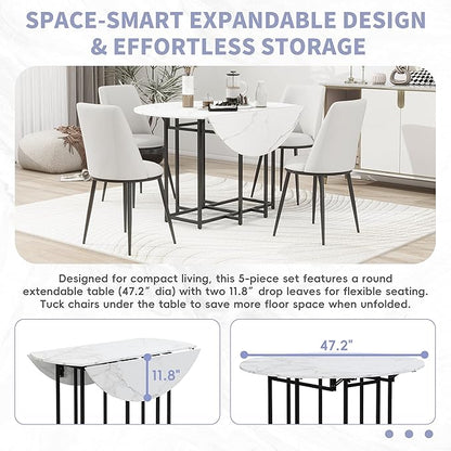 Merax 47.2” Round Dining Table Set for 4, Foldable Kitchen Dining Table with 11.8” Drop Leaves, Faux Marble Top with Golden Frame, 4 Upholstered Chairs (White+Beige)