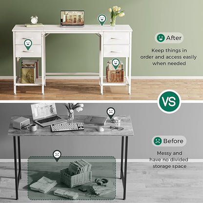 Huuger 55 Inch White Desk with 4 Drawers, Vanity Desk with Mesh Shelf for Makeup, Computer Desk for Home Office with Large Storage, Bedroom, Work from Home