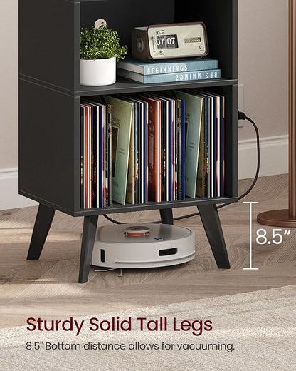 Record Player Stand, 3-Tier Side End Table with Charging Station, Turntable Stand Up to 160 Albums, Vinyl Storage Cabinet Dispaly Shelf for Living Room, Classic Black