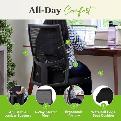 HON Ignition 2.0 Armless Ergonomic Office Chair, Adjustable Tilt, Swivel Wheels, Comfy for Long Hours, Home Office Desk Chairs, Black