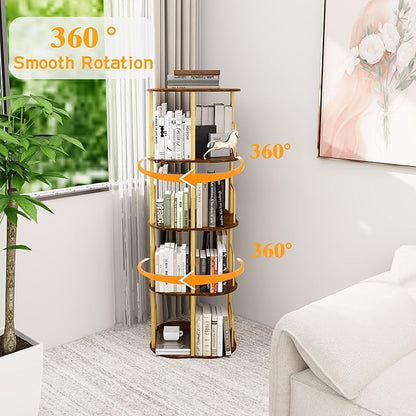 4-Tier Rotating Bookshelf, 360 ° Display Stackable Spinning Bookshelf Tower, Narrow Space Saving Tall Floor Standing Swivel Bookcase Corner Organizer for Bedroom, Living Room, Gold