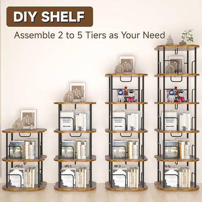 5-Tier Rotating Book Shelf, 360° Display Spinning Bookshelf Tower, Book Organizer, Floor Standing Bookcases for Small Space, Corner Book Shelf for Bedroom, Living Room, Study Room (RUSTIC BROWN)