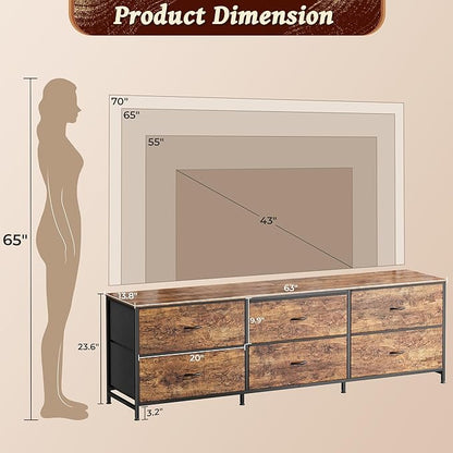 Huuger 63 Inch Long Dresser for Bedroom, Wide TV Stand for 55, 65, 70 Inch TV, 6 Drawer Dresser for Closet with Fabric Drawers, Storage Organizer for Bedroom, Entryway, Rustic Brown