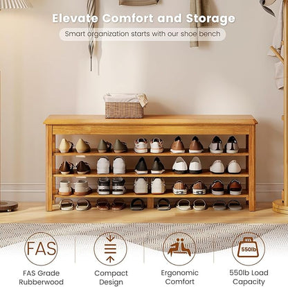 Shoe Rack Bench Seat Rubberwood 3-Tier Wooden Storage Bench 550lbs Compact Mid-Century Modern Design for Entryway, Hallway, Closet, Front Door Entrance, Foyer