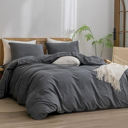 BESTOUCH Duvet Cover Set 100% Washed Cotton Linen Feel Super Soft Comfortable Chic Lightweight 3 PCs Home Bedding Set Solid Dark Black King