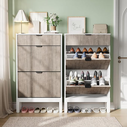 GarveeHome Shoe Storage Cabinet with 2 Flip Drawers, Farmhouse Fluted Shoe Organizer with Metal Legs, Freestanding Hidden Slim Narrow Shoe Rack for Entryway, Foyer, Hallway