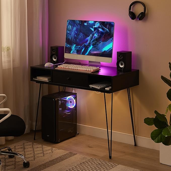 VECELO 39.3" Home Office Work Table with Drawers,Computer Desk with Hairpin Leg for Writing/Study,Black