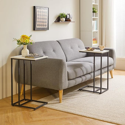 Side Table Small End Table C Shaped, Slide Under Laptop Desk for Couch, Living Room Side Table Set of 2, TV Trays for Eating on Couch, Faux Marble+Black YD-TM051B-2