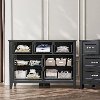 LINSY HOME 7 Drawers Dresser for Bedroom, 47" Wide Wooden Storage Chest with Antique Handles, Modern Farmhouse Dresser TV Stand with Wood Legs for Closet, Living Room, Hallway, Black