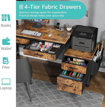 Lufeiya Computer Desk with Fabric File Drawers Cabinet, 57 Inch Home Office Desks with Filing Cabinet Printer Stand for Small Space, Study Writing Table PC Desks for Bedroom, Brown