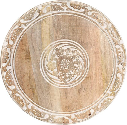 The Wooden Town Carved Wood Round End Table – 18" Accent Side Table for Living Room, White Washed Small Coffee Table, Handcrafted Altar Table, Solid Wood Design