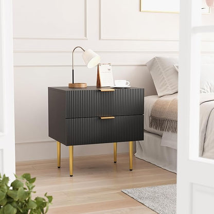 Set of 2 Nightstand, Black Mid Century Modern Night Stand with Fluted Panel, Bedside Table with 2 Drawer, Large NightStand with Gold Leg for Bedroom