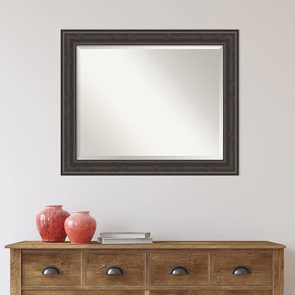 Amanti Art Brown Bathroom Mirror for Over Sink, 28x34 Shipwreck Greywash Rectangle Vanity Mirror, Large Traditional Frame, Hangs Horizonally and Vertically, Bathroom Wall Decor, Beveled Edge