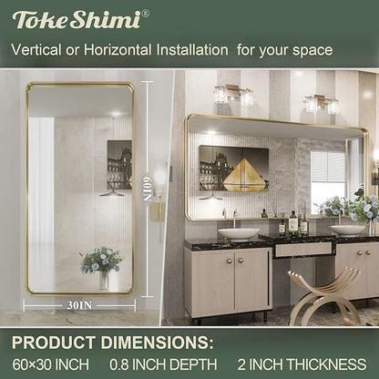 TokeShimi 60 x 30 Inch Brushed Gold Bathroom Vanity Mirror for Wall with Non-Rusting Aluminum Alloy Matte Metal Frame for Modern Farmhouse Home Decor (Horizontal/Vertical)