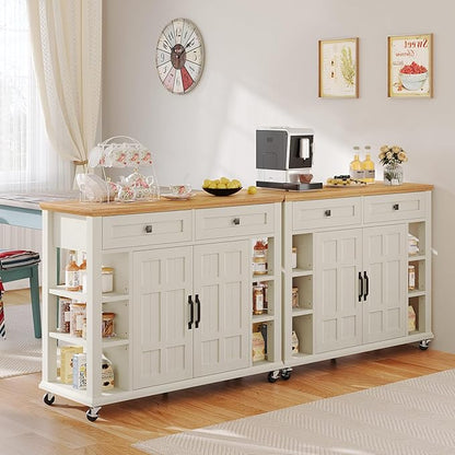 DWVO Kitchen Island with Storage Cabinet, Farmhouse Rolling Island Table on Wheels, Americana Mobile Storage Islands with Open Shelves, Drawers for Living Room, Dining Room, Off White