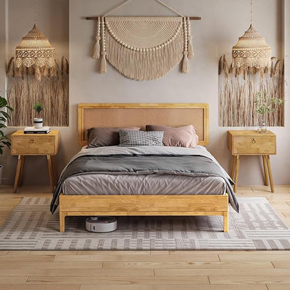 Nipe Platform Bed Frame with Headboard Size Queen - Light Natural - Solid Rubber