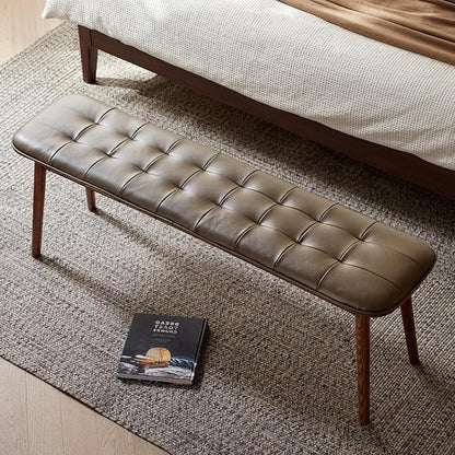 Upholstered Bench, 51.18 in Natural Oak Wood for Dining Table Bench for Living Room with Leather Cushion, End of Bed Footrest Stool Brown