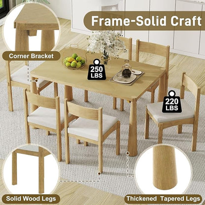 Dining Table with Chairs Set of 6, 7-Piece 60" Farmhouse Rectangular Dining Room Table with 6 Upholstered Solid Wood Chairs, Space Saving Kitchen Tables for Small Place, Natural Rubber Wood