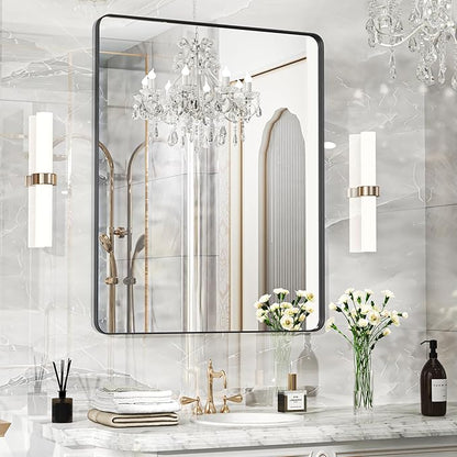 40×30 Black Bathroom Mirror, Rectangular Bathroom Vanity Mirror for Wall with Rounded Corners & Aluminum Alloy Frame, Tempered-Glass, Modern, Farmhouse, Horizontal/Vertical, Entryway, Bedroom
