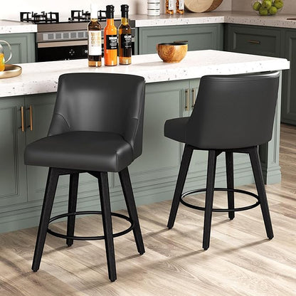 Counter Height Bar Stools Set of 4, Modern Swivel Barstools with Back and Wood Legs, Faux Leather Upholstered Bar Chairs, 26" H Kitchen Counter Stools, Kitchen Island Home Bar, Black Grey