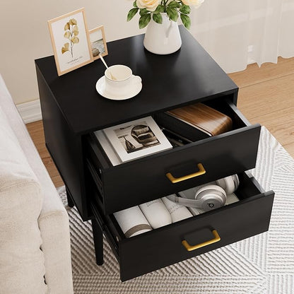 Black Nightstand with 2 Drawers, Modern Night Stand Black, Wooden Night Stands for Bedroom, Bed Side Table, End Table, Gold Handle 26 Inch Tall, Large Size