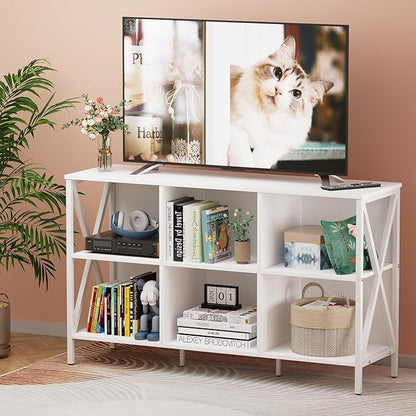 Horizontal Bookshelf Bookcase,6 Cube Storage Organizer with Open Shelf,47 Inch Industrial Low Wide Wood and Metal Cubby Shelf,Long Shelving Unit for Home Office Living Room(White,6 Cube)