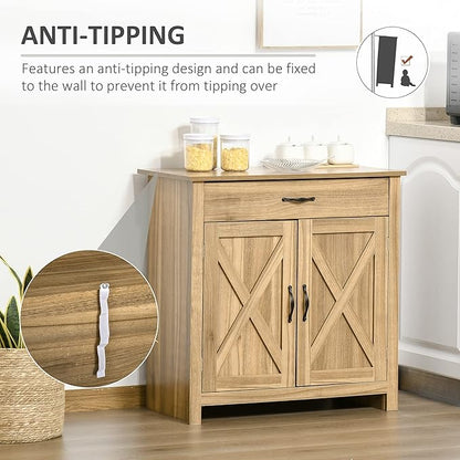 HOMCOM Farmhouse Sideboard Buffet Cabinet, Barn Door Coffee Bar Cabinet with Drawer and Adjustable Shelf, for Living Room, Entryway, Natural Wood Effect