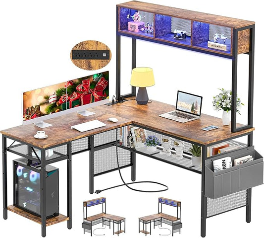Unikito L Shaped Computer Desk with LED Strip and Power Outlets, Reversible L-Shaped Corner Desk with Storage Shelves and Bag, Rustic Brown